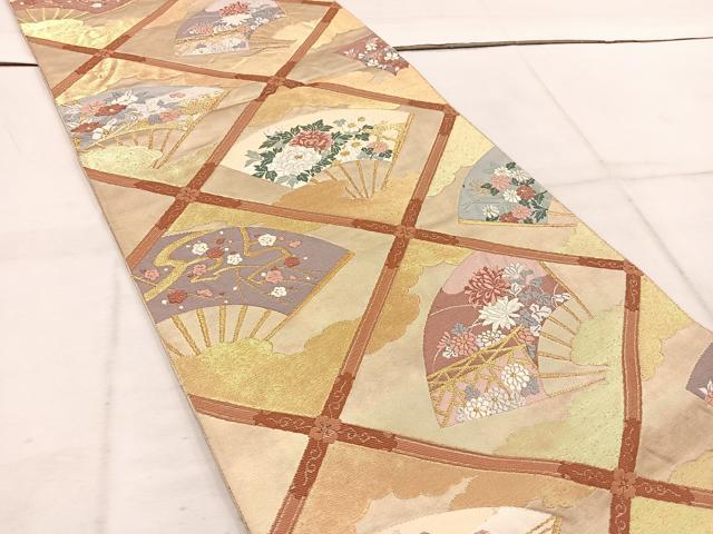 平和屋着物◎六通柄袋帯　唐織　扇面花文　金糸　正絹　逸品　BAAW3401mz