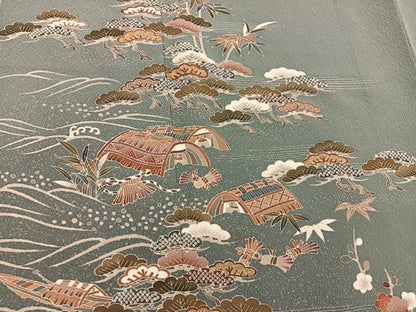 平和屋着物■訪問着 松竹梅 立波風景文 暈し染め 金彩 正絹 逸品 BAAW3425mz