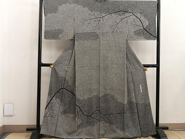 平和屋着物●二代目 川村久太郎 訪問着 枝葉文 たたき染め 黒地 正絹 逸品 BAAW3430mz