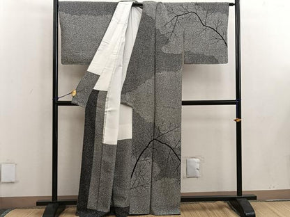 平和屋着物●二代目 川村久太郎 訪問着 枝葉文 たたき染め 黒地 正絹 逸品 BAAW3430mz