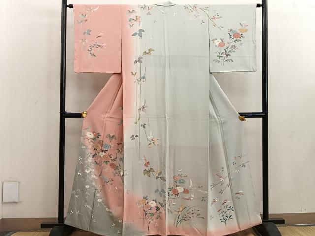 平和屋着物●訪問着 友禅 枝菊花文 暈し染め 正絹 逸品 未使用 BAAW3435mz