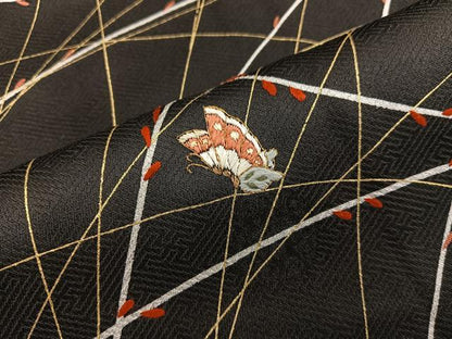 平和屋着物●訪問着 刺繍 舞蝶草葉文 黒地 金彩 正絹 逸品 BAAW3436mz