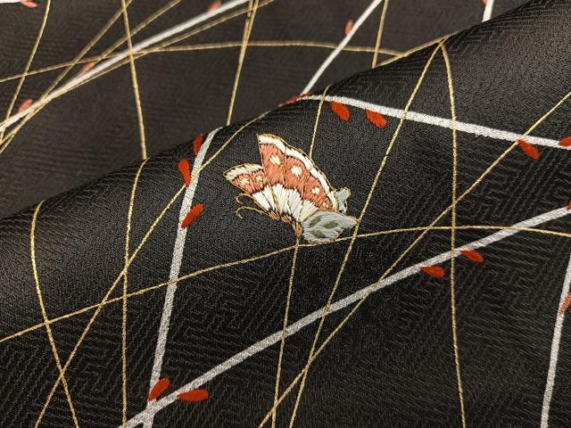 平和屋着物●訪問着 刺繍 舞蝶草葉文 黒地 金彩 正絹 逸品 BAAW3436mz