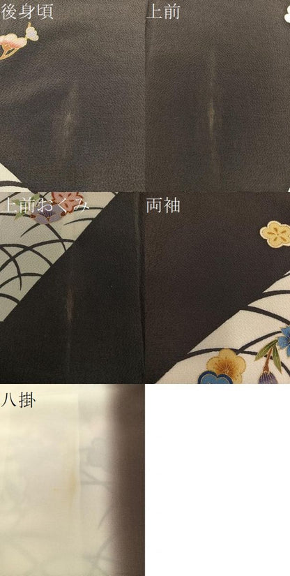 平和屋着物●訪問着 型染め 芝草梅花文 黒地 金彩 鬼しぼ縮緬 正絹 逸品 BAAW3453mz