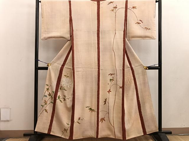 平和屋着物●訪問着 紬地 駒刺繍 乱菊 金彩 正絹 逸品 BAAW3490mz
