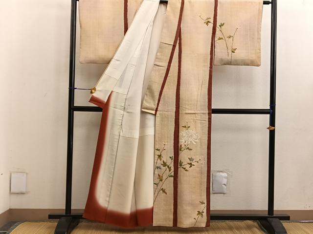 平和屋着物●訪問着 紬地 駒刺繍 乱菊 金彩 正絹 逸品 BAAW3490mz