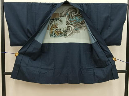 平和屋着物●男性 紬 アンサンブル 80亀甲 羽裏：龍・虎 正絹 逸品 BAAW3505mz