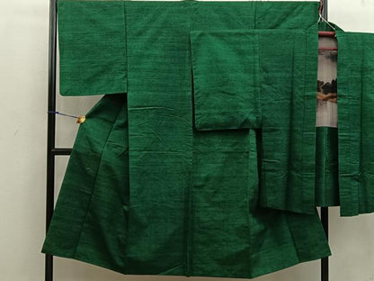 平和屋着物●男性 紬 アンサンブル 色無地 深緑色 正絹 逸品 BAAW3506mz