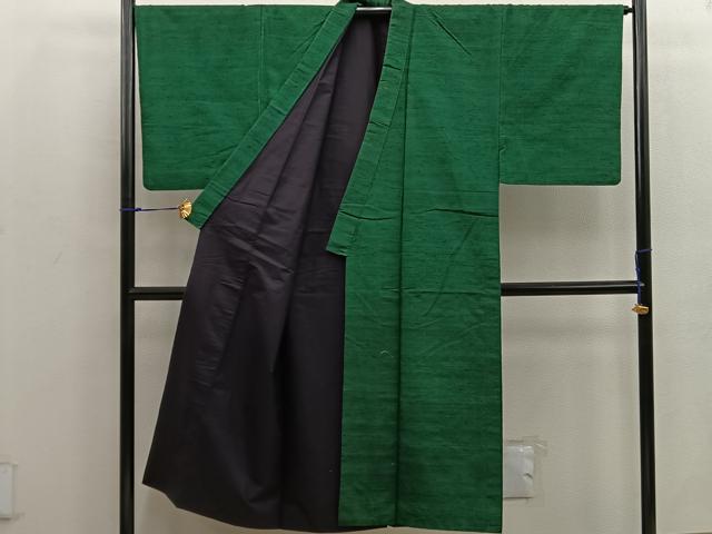 平和屋着物●男性 紬 アンサンブル 色無地 深緑色 正絹 逸品 BAAW3506mz