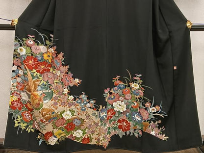 平和屋着物●豪華黒留袖 友禅 作家物 尾長鳥花文 正絹 逸品 BAAW3511mz