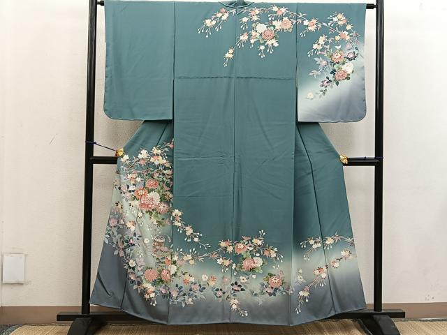 平和屋着物●訪問着 相良刺繍 枝菊花文 暈し染め 金彩 正絹 逸品 BAAW3520mz