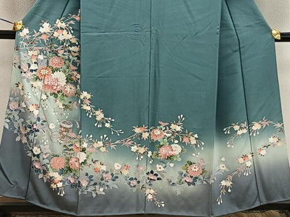 平和屋着物●訪問着 相良刺繍 枝菊花文 暈し染め 金彩 正絹 逸品 BAAW3520mz
