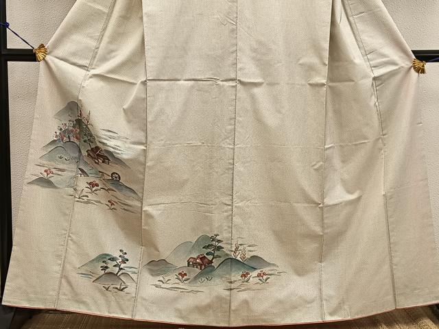 平和屋着物●訪問着 本場大島紬 白大島 手描き 刺繍 7マルキ 風景花文 正絹 逸品 BAAW3525mz