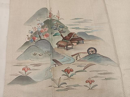 平和屋着物●訪問着 本場大島紬 白大島 手描き 刺繍 7マルキ 風景花文 正絹 逸品 BAAW3525mz
