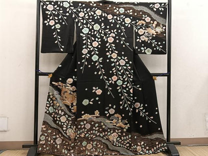 平和屋着物●訪問着 駒刺繍 絞り 鼓梅花文 黒地 金銀彩 正絹 逸品 BAAW3529mz