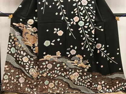 平和屋着物●訪問着 駒刺繍 絞り 鼓梅花文 黒地 金銀彩 正絹 逸品 BAAW3529mz