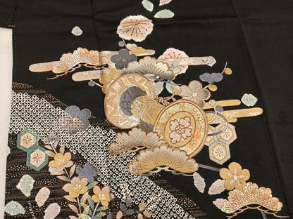 平和屋着物●訪問着 駒刺繍 絞り 鼓梅花文 黒地 金銀彩 正絹 逸品 BAAW3529mz