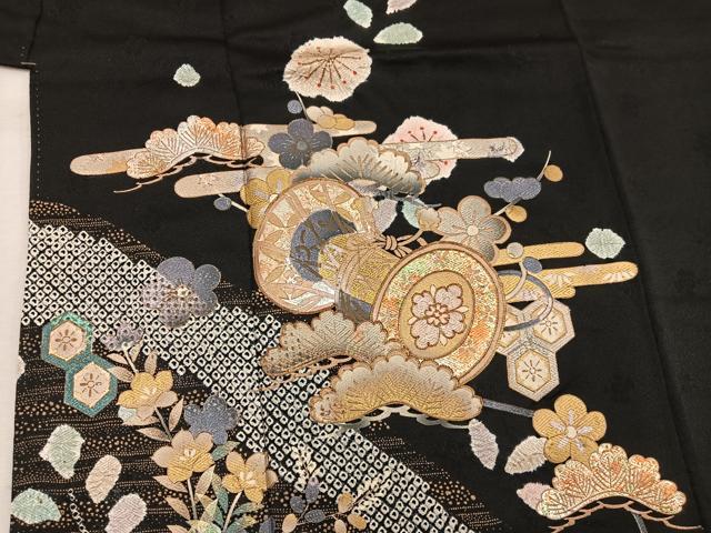 平和屋着物●訪問着 駒刺繍 絞り 鼓梅花文 黒地 金銀彩 正絹 逸品 BAAW3529mz