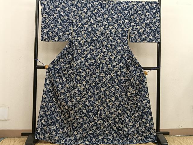 平和屋着物▽上質な小紋 単衣 型染め 草花文 正絹 逸品 BAAW3548mz