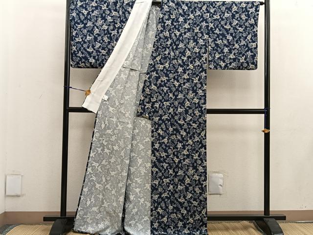 平和屋着物▽上質な小紋 単衣 型染め 草花文 正絹 逸品 BAAW3548mz
