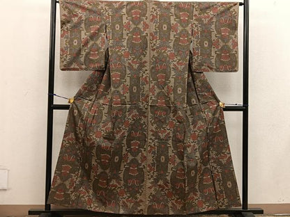 平和屋着物▽本場大島紬 単衣 7マルキ 更紗花文 正絹 逸品 BAAW3554mz