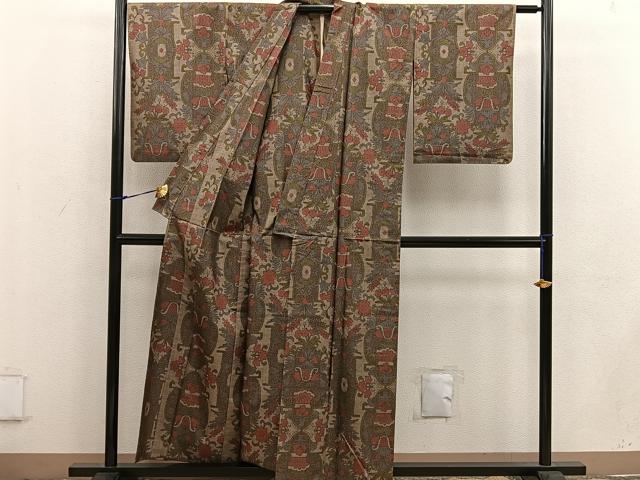 平和屋着物▽本場大島紬 単衣 7マルキ 更紗花文 正絹 逸品 BAAW3554mz