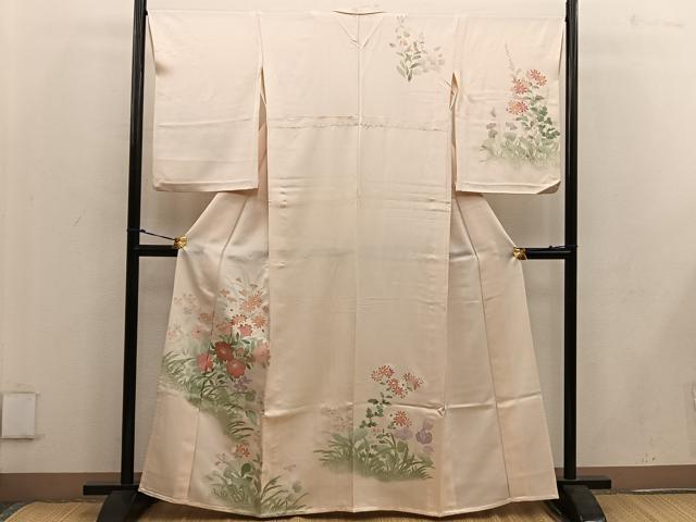 平和屋着物▽訪問着　単衣　手描き　菊花文　正絹　逸品　BAAW3559mz