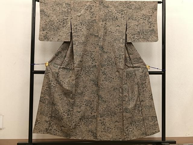 平和屋着物▽上質な小紋　単衣　紬地　型染め　風景花文　正絹　逸品　BAAW3565mz