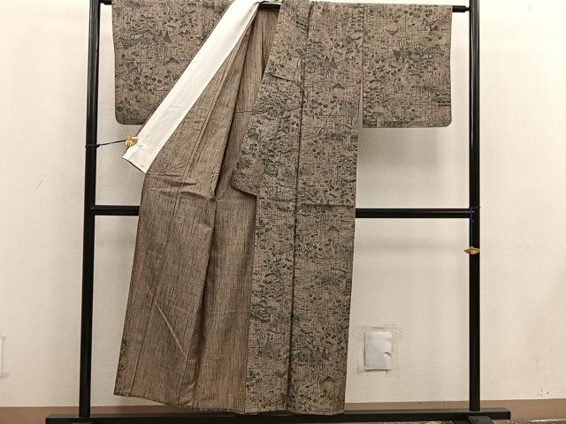 平和屋着物▽上質な小紋　単衣　紬地　型染め　風景花文　正絹　逸品　BAAW3565mz