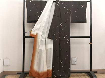 平和屋着物●上質な小紋 舞花文 黒地 金彩 正絹 逸品 BAAW3606mz
