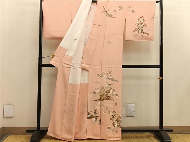 平和屋着物●訪問着 駒刺繍 枝梅菊花文 金彩 正絹 逸品 BAAW3614mz
