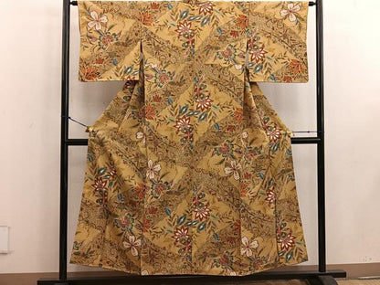 平和屋着物●結城紬 胴抜き仕立て 型染め 更紗花文 証紙付き 正絹 逸品 BAAW3656mz