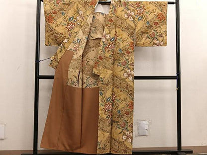 平和屋着物●結城紬 胴抜き仕立て 型染め 更紗花文 証紙付き 正絹 逸品 BAAW3656mz