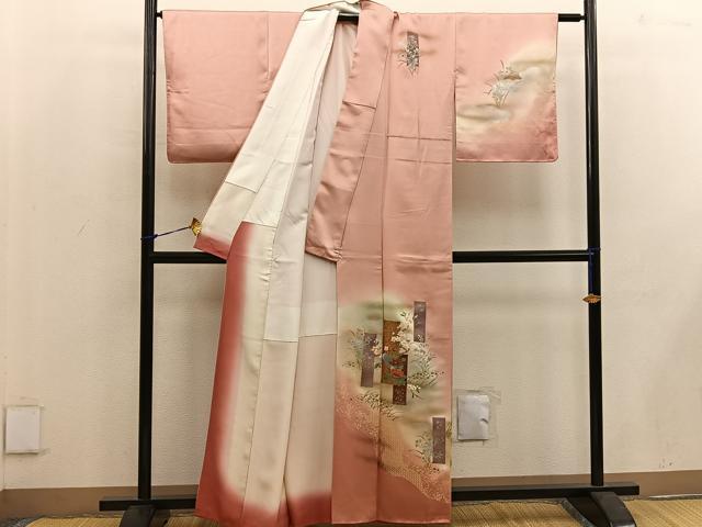 平和屋着物■訪問着 短冊花鳥文 暈し染め 金彩 正絹 逸品 BAAW3692mz
