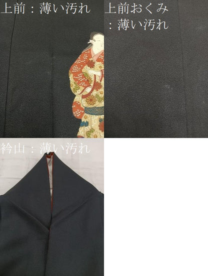 平和屋着物■訪問着 人物花文 黒地 正絹 逸品 BAAW3794mz