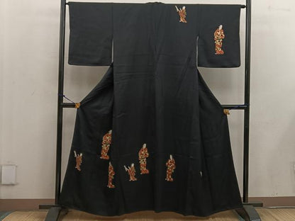 平和屋着物■訪問着 人物花文 黒地 正絹 逸品 BAAW3794mz