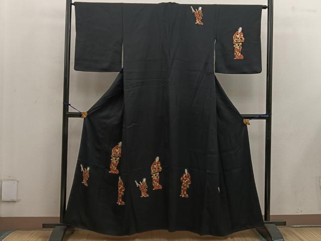 平和屋着物■訪問着 人物花文 黒地 正絹 逸品 BAAW3794mz
