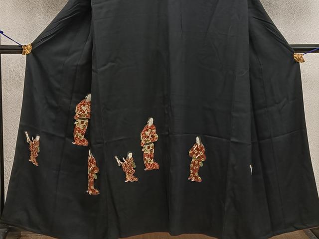 平和屋着物■訪問着 人物花文 黒地 正絹 逸品 BAAW3794mz