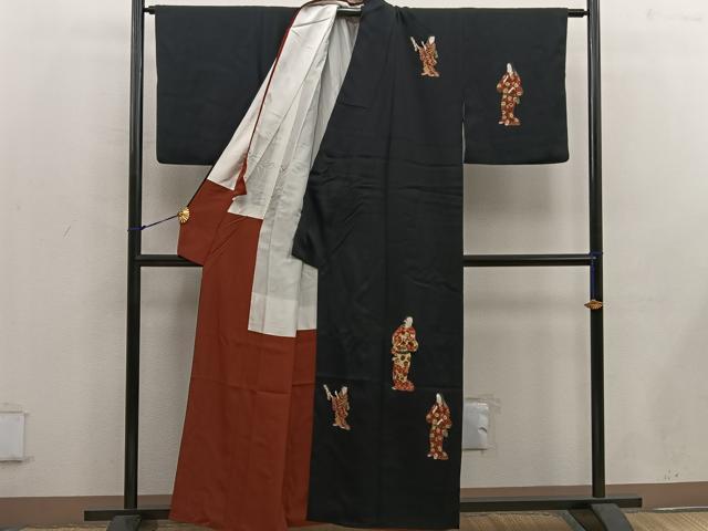 平和屋着物■訪問着 人物花文 黒地 正絹 逸品 BAAW3794mz