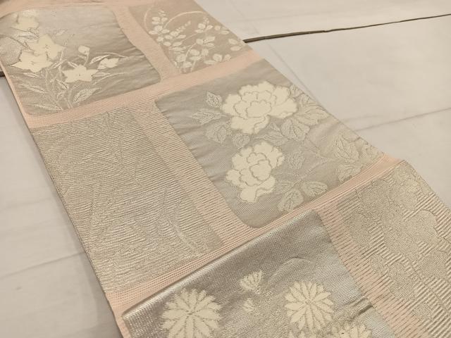 平和屋着物＊夏物 六通柄袋帯 牡丹花文 銀糸 正絹 逸品 BAAW3820mz
