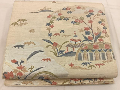 平和屋着物◎六通柄袋帯 風景花文 金銀糸 正絹 逸品 BAAW3847mz