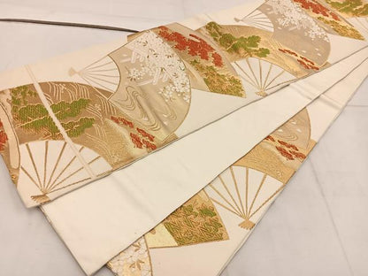平和屋着物◎六通柄袋帯 扇面花文 金糸 正絹 逸品 BAAW3849mz