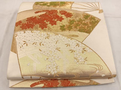 平和屋着物◎六通柄袋帯 扇面花文 金糸 正絹 逸品 BAAW3849mz