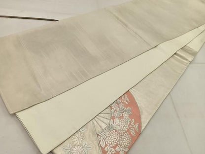 平和屋着物◎太鼓柄袋帯 駒刺繍 扇面花文 銀彩 引箔 正絹 逸品 BAAW3851mz