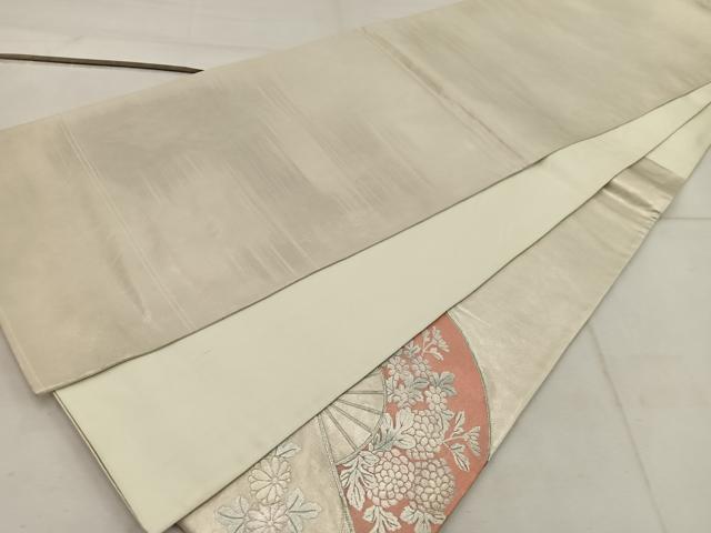 平和屋着物◎太鼓柄袋帯 駒刺繍 扇面花文 銀彩 引箔 正絹 逸品 BAAW3851mz