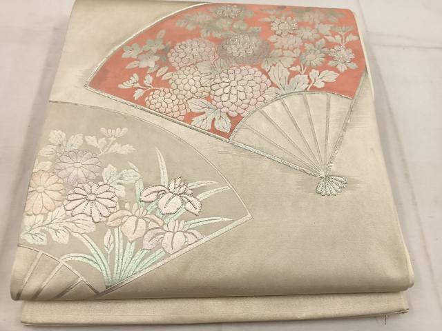 平和屋着物◎太鼓柄袋帯 駒刺繍 扇面花文 銀彩 引箔 正絹 逸品 BAAW3851mz