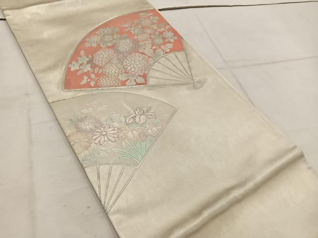 平和屋着物◎太鼓柄袋帯 駒刺繍 扇面花文 銀彩 引箔 正絹 逸品 BAAW3851mz