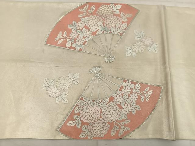平和屋着物◎太鼓柄袋帯 駒刺繍 扇面花文 銀彩 引箔 正絹 逸品 BAAW3851mz