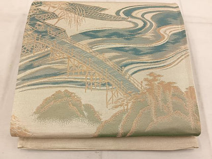 平和屋着物◎六通柄袋帯　渡橋風景文　金糸　正絹　逸品　BAAW3857mz