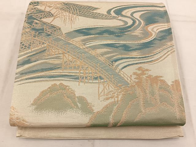 平和屋着物◎六通柄袋帯　渡橋風景文　金糸　正絹　逸品　BAAW3857mz